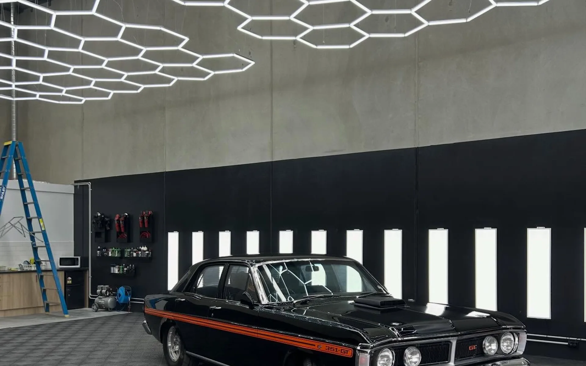Feature LED lighting installed across a garage ceiling