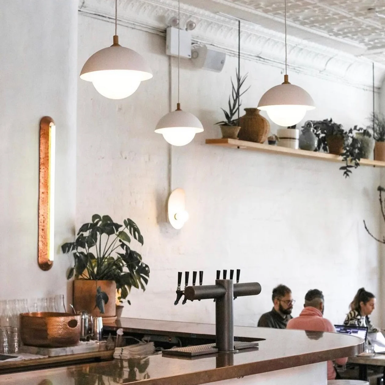 Pendant lighting over a cafe servery