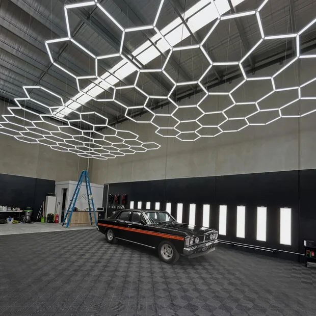 Hexagonal LED lighting in a commercial workshop
