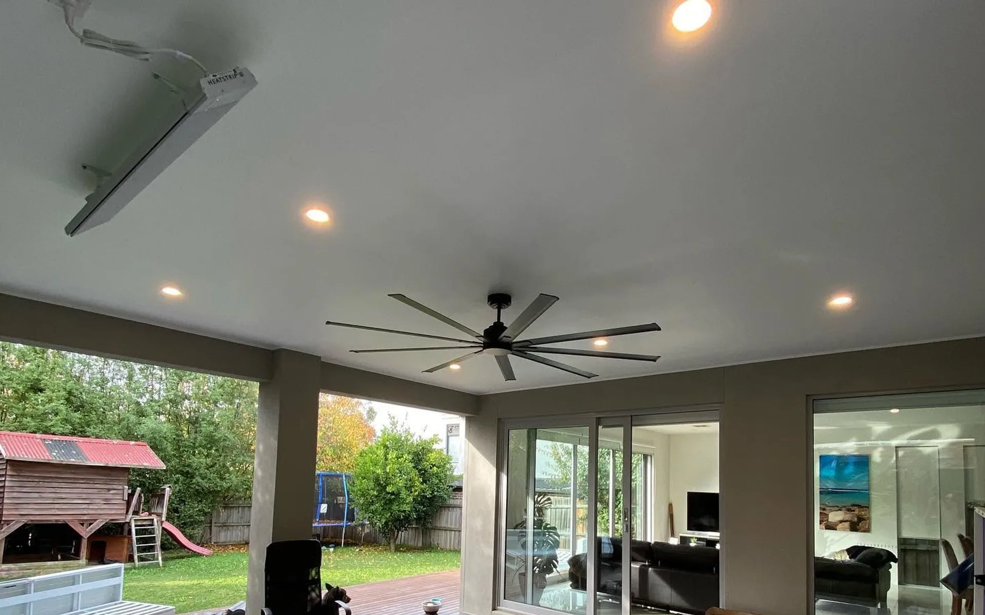 Ceiling fan installed in an outdoor alfresco area