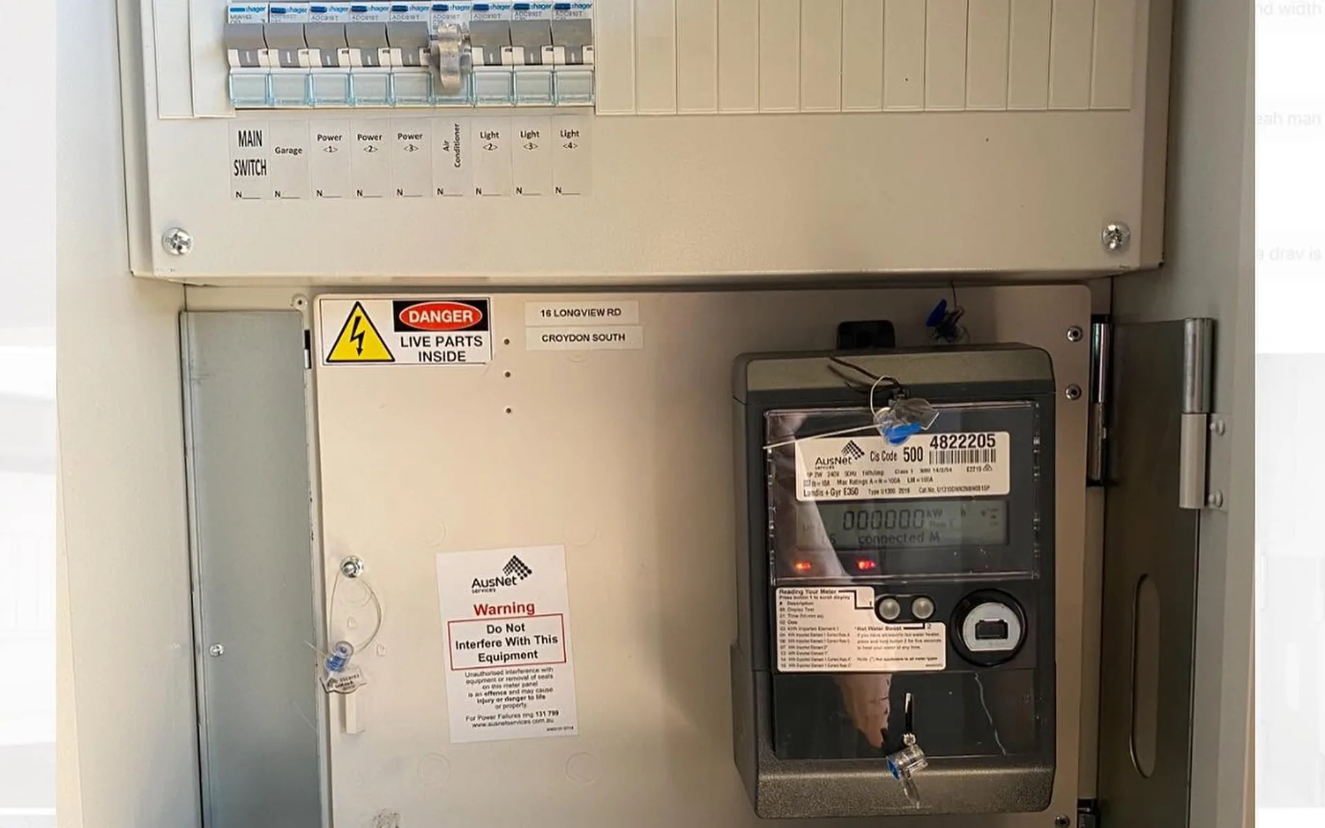 Meter box and switchboard opened up during fault finding