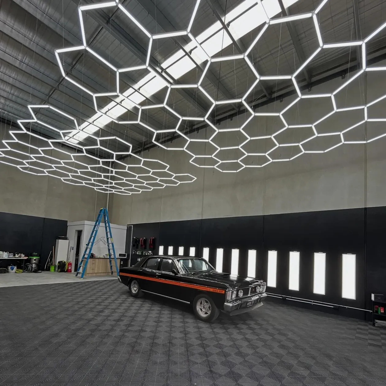 Commercial workshop with overhead LED lighting