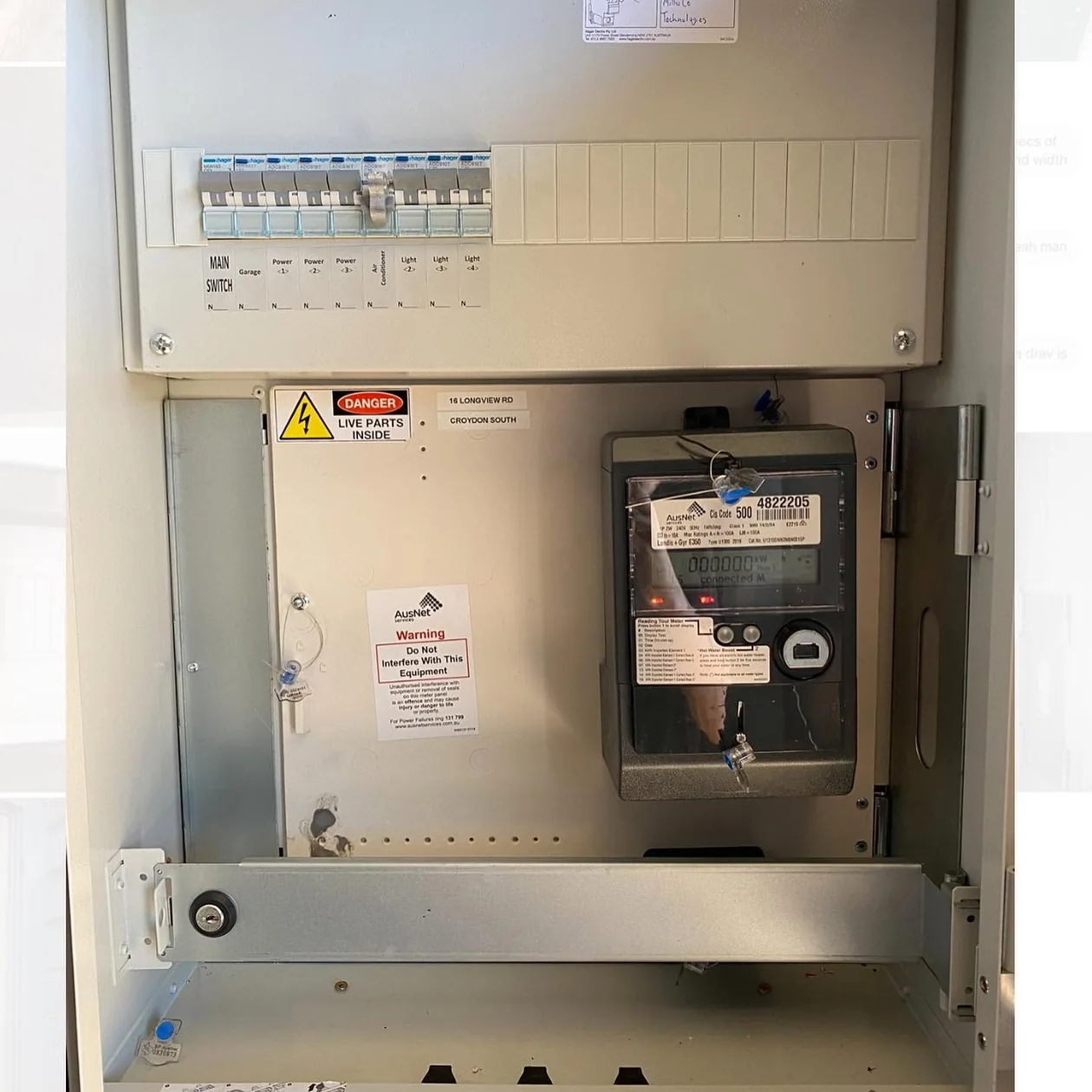 Meter box and switchboard opened up